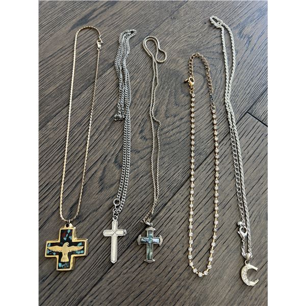 Lot of 5 Fashion Necklaces – Cross Pendants, Rhinestone & Crescent Moon