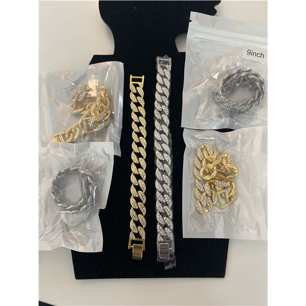 Lot of 8 Rhinestone Cuban Link Fashion Bracelets – Gold & Silver Tone