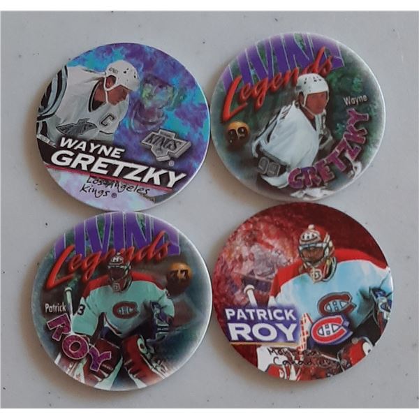 4 Pogs 2 Wayne Gretzky and 2 Patrick Roy