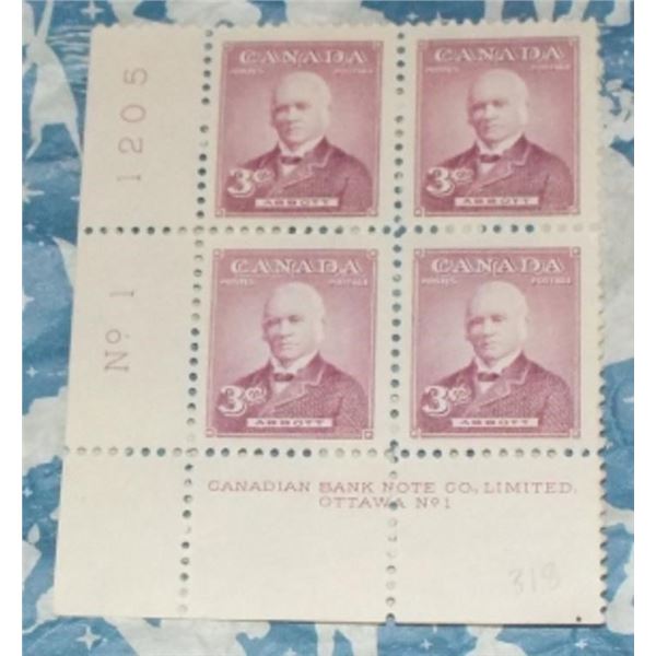 Block of 4 Sir John Abbott 3 Cent Stamps - Canada #318, 1952