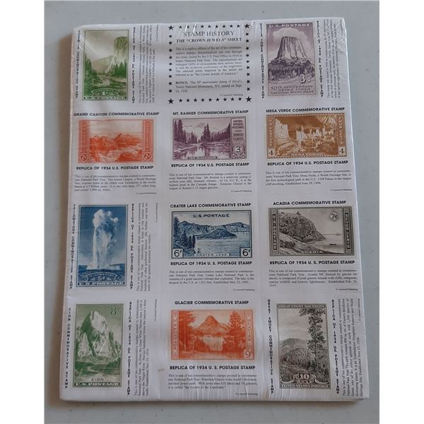 Stamp History Crown Jewels Sheet Replica 1934 US Post National Park Year Stamps