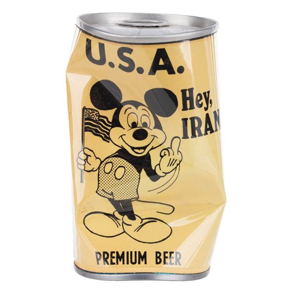 A Mickey Mouse "Hey, Iran!" Beer Can.