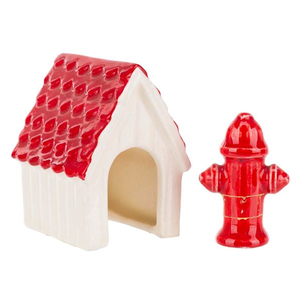 A 1940s Fire Hydrant and Dog House Figurine Set.