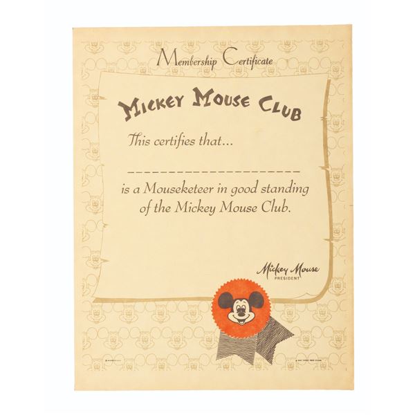 A Mickey Mouse Club Membership Certificate.