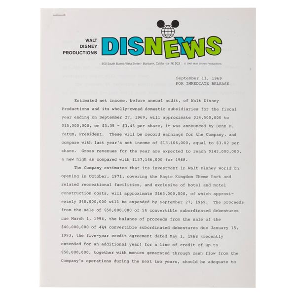 A Walt Disney Productions Disney News Press Release.