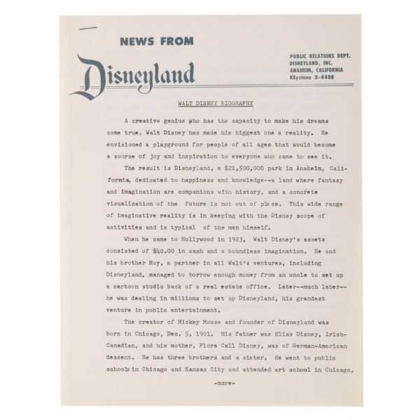 A Walt Disney Biography Press Release.