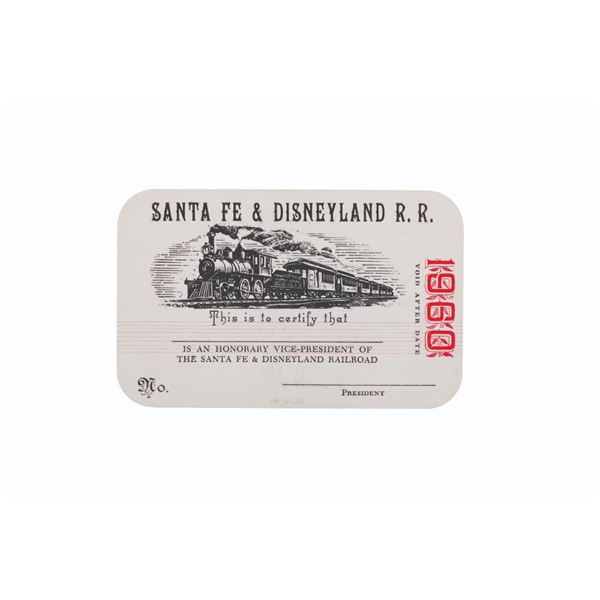 A Santa Fe & Disneyland R. R. Honorary Vice-President Card.