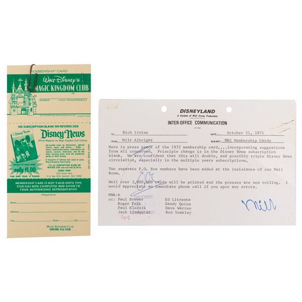 A Magic Kingdom Club Memo with Membership Card Proof.