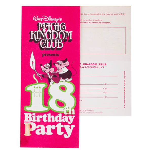 A Magic Kingdom Club 18th Birthday Party Invitation and RSVP Card.