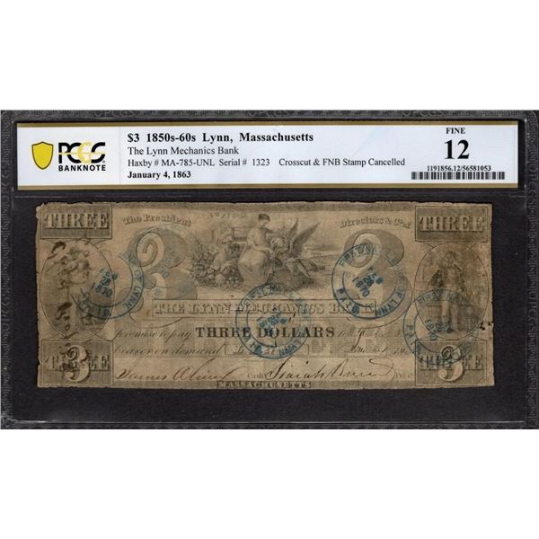 1850s 90s $3 Lynn MA Note PCGS 12