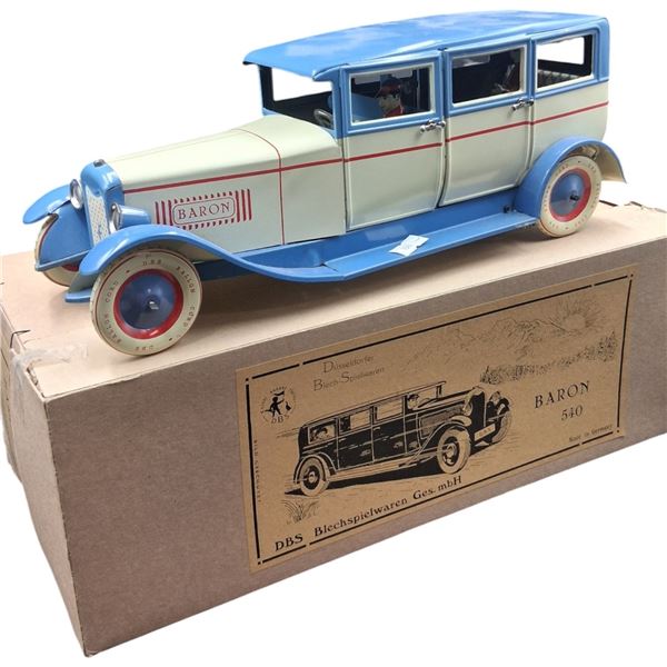 Beautiful German 1980s reproduction of 1920s Baron tin car with box 13"