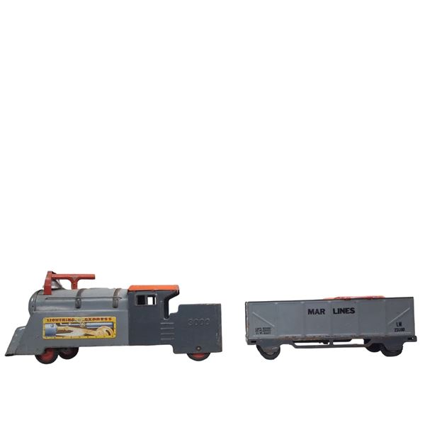 Rare pressed steel train with car by Marx 1950s 47" overall