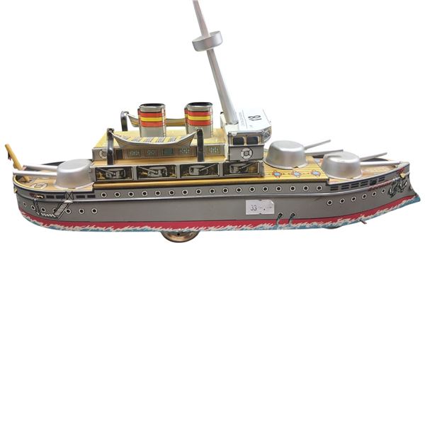 Vintage tin litho battleship toy 14"