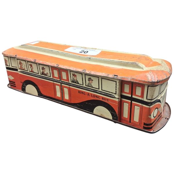 30s or 40s tin litho Wolverine Toys bus Made in USA 13"