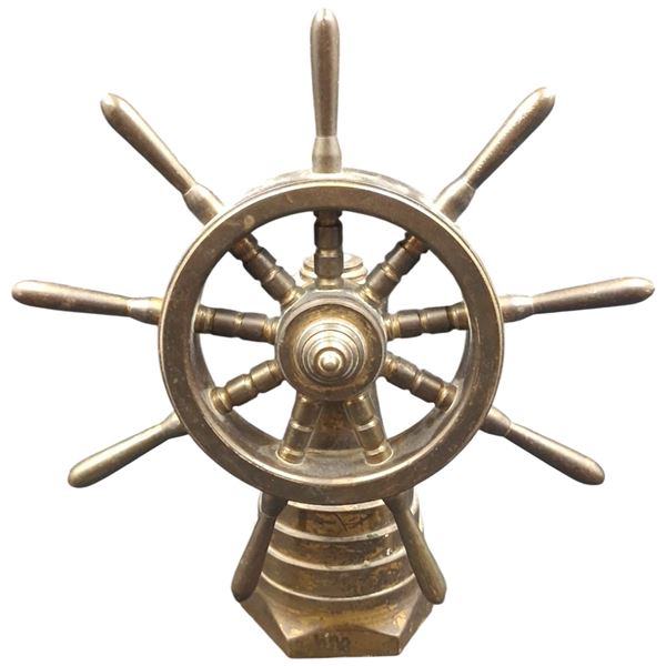 Vintage heavy brass ships wheel on stand 8" tall