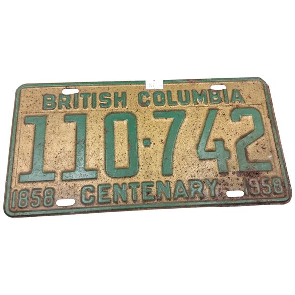 Vintage 1958 BC license plate