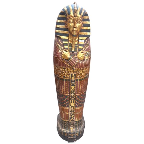 Stunning over 6 foot tall Egyptian King Tut wooden sarcophagus hinged shelf statue 75" tall, beware 