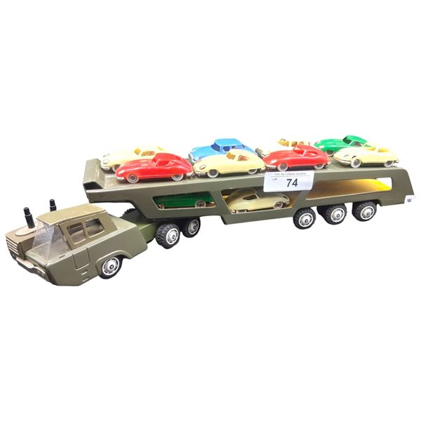 Vintage early 60s tin car hauler with rare assortment of cars 21"