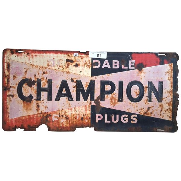 Very vintage tin Champion Spark Plug sign 26"x12"