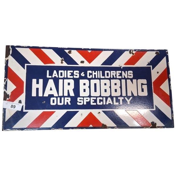Extremely rare, extremely collectable vintage porcelain Marvy barbershop flange sign, 24"x12"