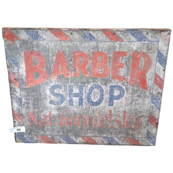 Original antiqur prairie barbershop sign hand painted tin on wood frame 23.5"x19"