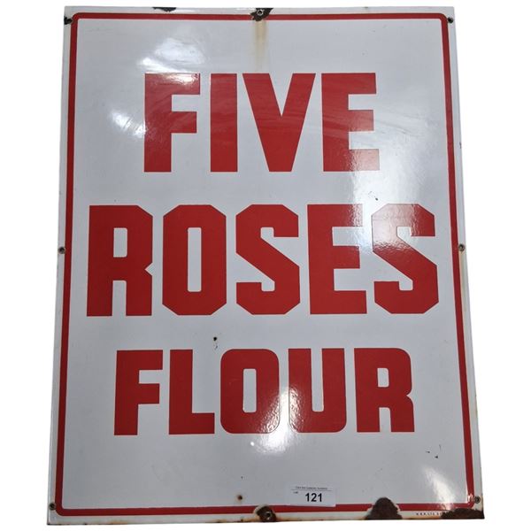 Nice vintage porcelain Five Roses Flour original sign, 29"x23"