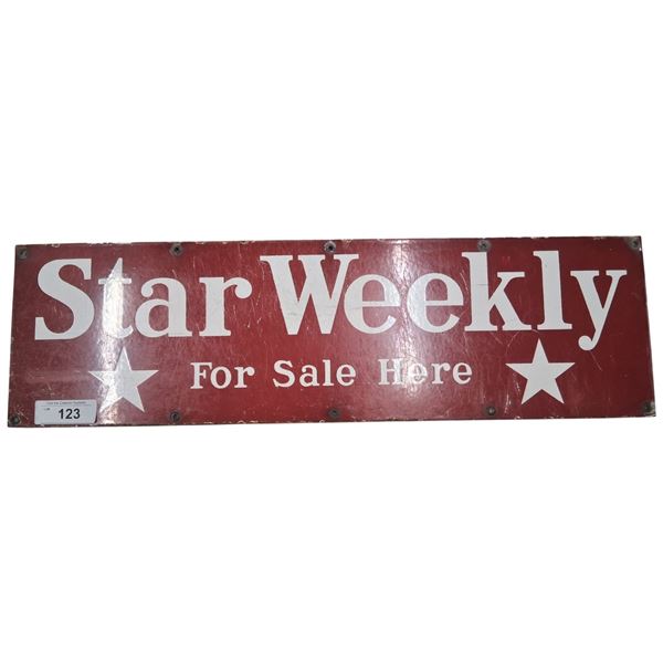 Nice vintage porcelain Star Weekly steel sign 28"x8"