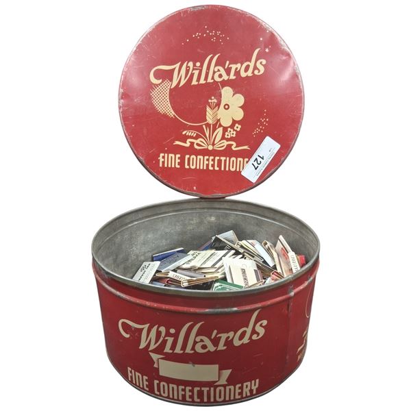 Large collection of vintage matchbooks in nice Willard's Fine Confectionary vintage tin
