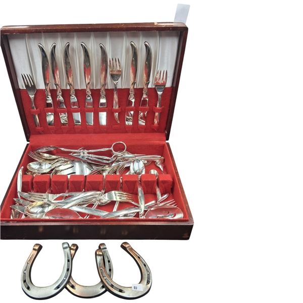 Collection of vintage silverware in box & 3 horseshoes