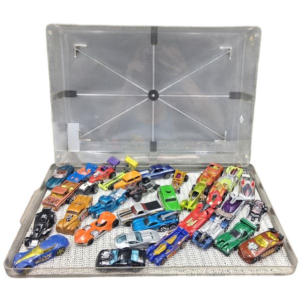 Approx 30 Hotwheels in display case