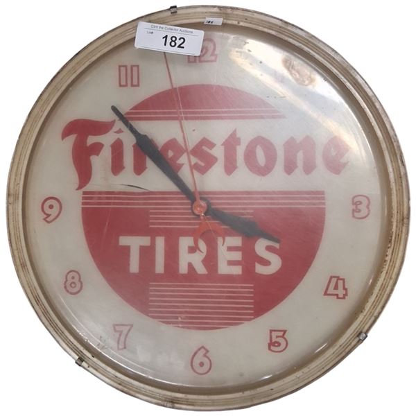 Vintage Firestone Tires clock, crack in face, clock works 16" dia