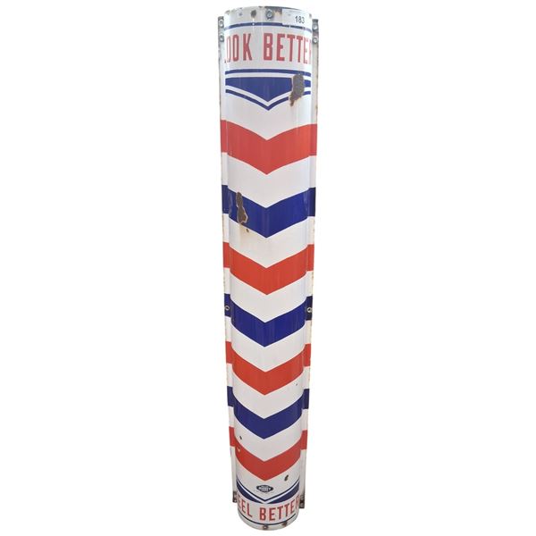 Vintage porcelain William Marvy Co barber pole sign 48"