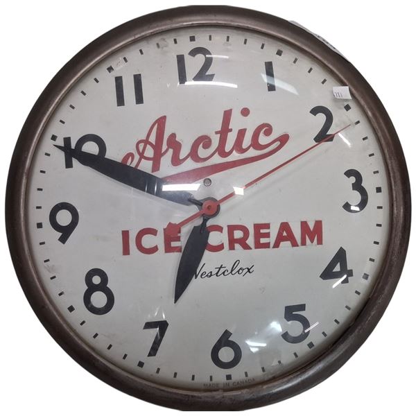 Vintage Arctic Ice Cream clock, Made in Canada, consignor says works but missing cord, 15" dia