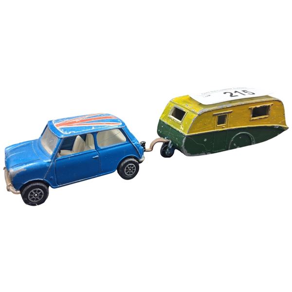 Vintage Corgi die cast Mini pulling vintage 60s Dinky caravan trailer 8" overall