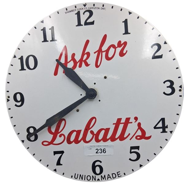 Rare "Ask For Labatt's" porcelain clock face 16" dia