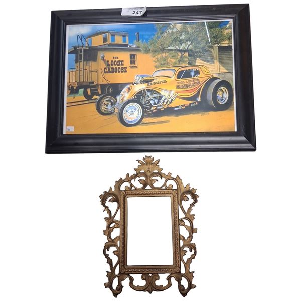 Framed Loose Caboose picture 19"x15" & vintage brass frame
