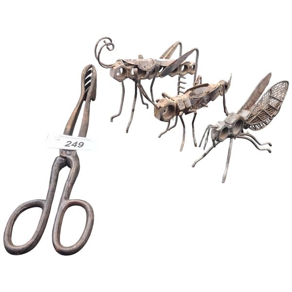3 folk art metal crickets 7" each and cast iron tongs