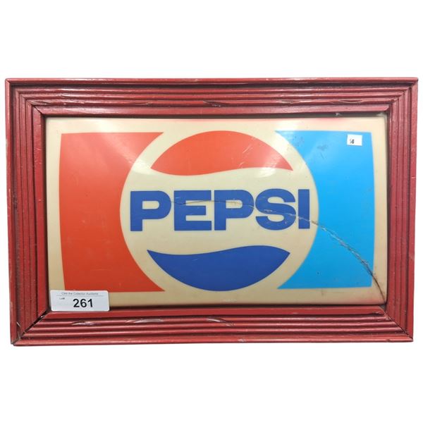 Vintage Pepsi sign framed, with crack, 18"x12"