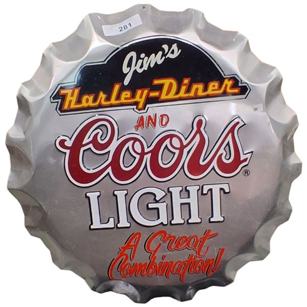 Custom hand painted Jim's Harley Diner Coors Light button metal sign 22" dia