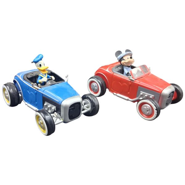 2 vintage Mickey Mouse cars with drivers 4" ea