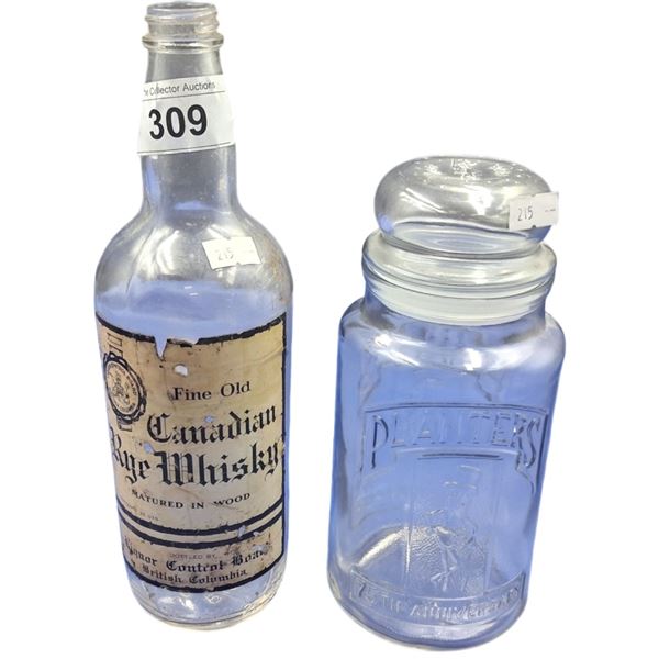 Vintage glass Planter's jar with lid and Canadian whiskey bottle