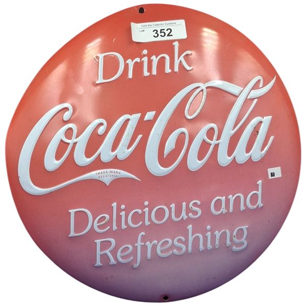 Vintage embossed metal Coca-Cola button sign 13" dia