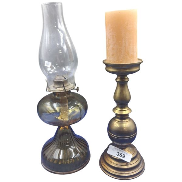 Vintage brass candle holder and oil lamp 16" & 18.5"