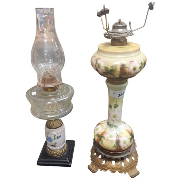 2 vintage oil lamps, beautiful designs 20.5" & 20"