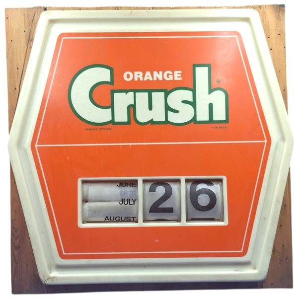 Vintage Orange Crush calendar sign mounted on wood 17"x15"