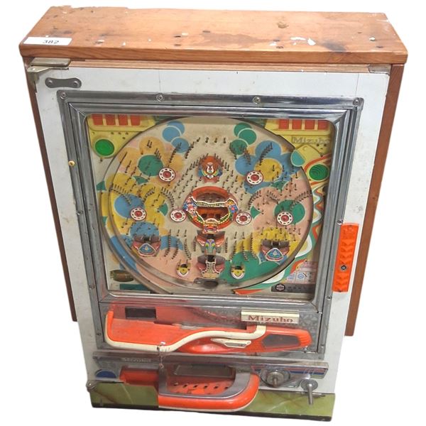 Vintage Pachinko machine made by Mizuho mounted on wood frame 34"x22"x8.5"