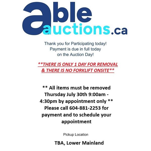 ** All items must be removed Thursday July 30th 9am - 4:30pm by appointment only **