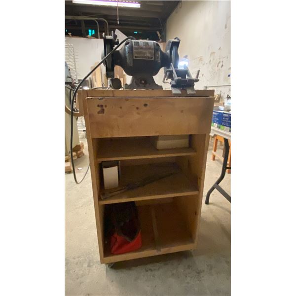 DUREX INDUSTRIAL MODEL 13 BENCH GRINDER ON SMALL MOBILE CABINET WITH ASSORTED TOOL CONTENTS