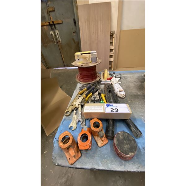GROUP OF ASSORTED TOOLS, WIRE, BELT CLEANER, EXTENSION CORD & MORE