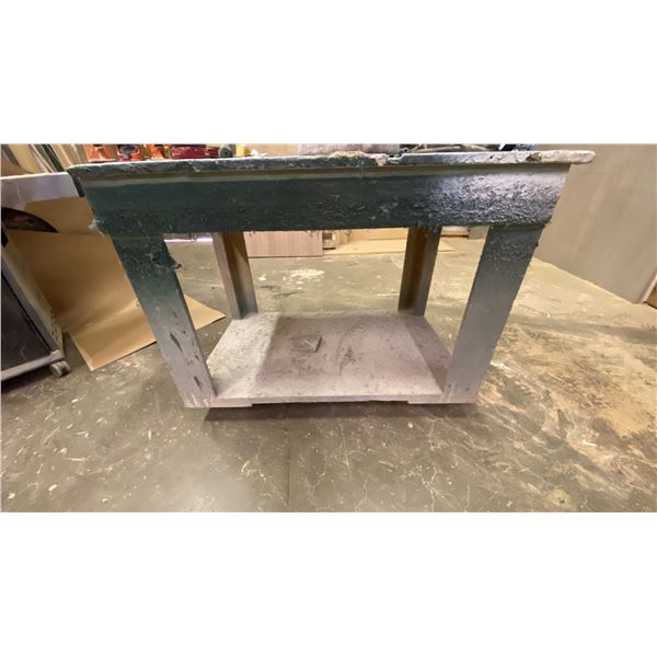 WOODEN MOBILE 2 TIER SHOP TABLE APPROX 46"W X 30"D X 35"H  *CONTENTS NOT INCLUDED*